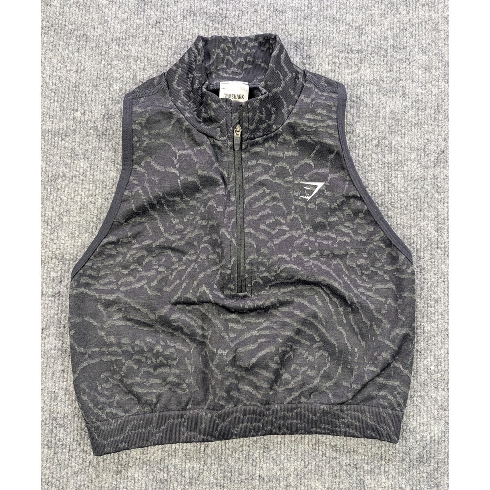 Gymshark Adapt Animal Seamless 1/2 Zip Crop Tank Women's Size Medium Black Grey